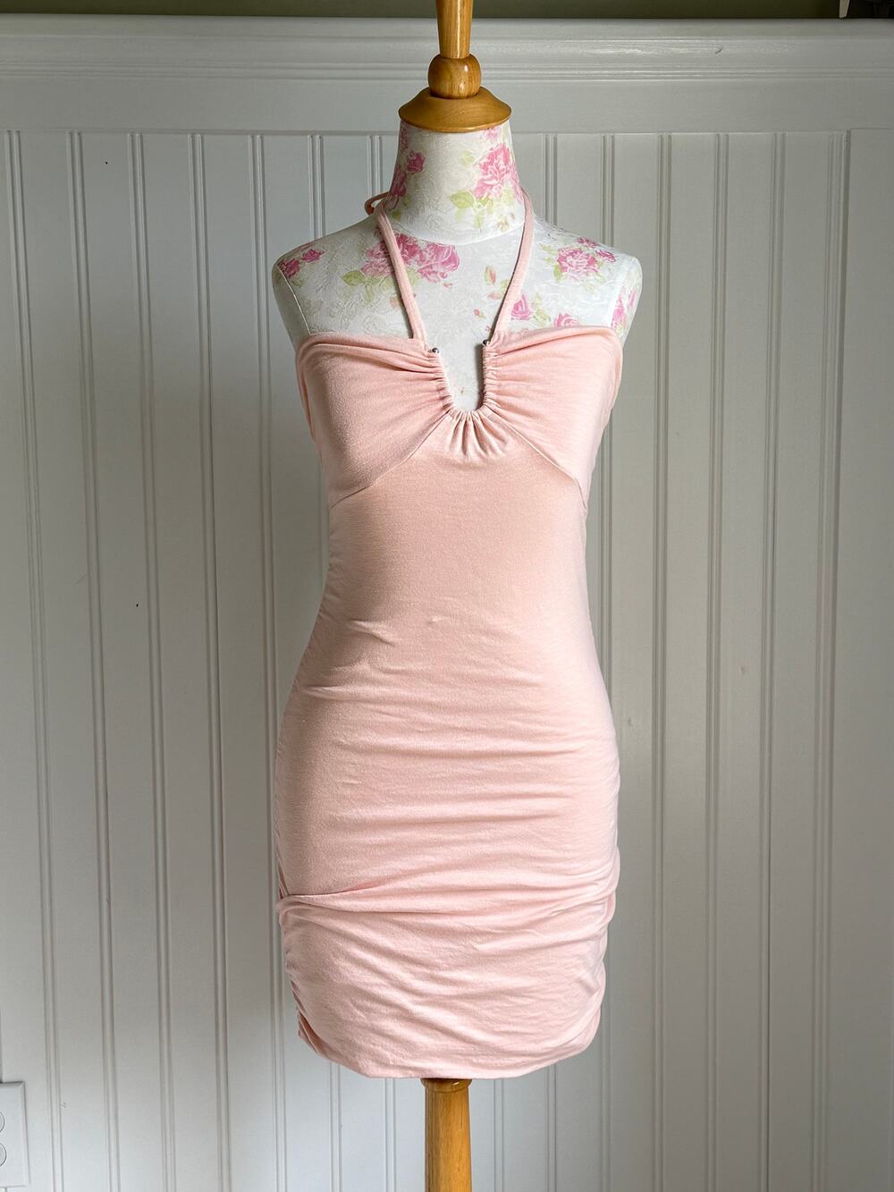 Sundry Anthropologie Halter Mini Dress Bodycon Ruched Pink/Peach Size 0